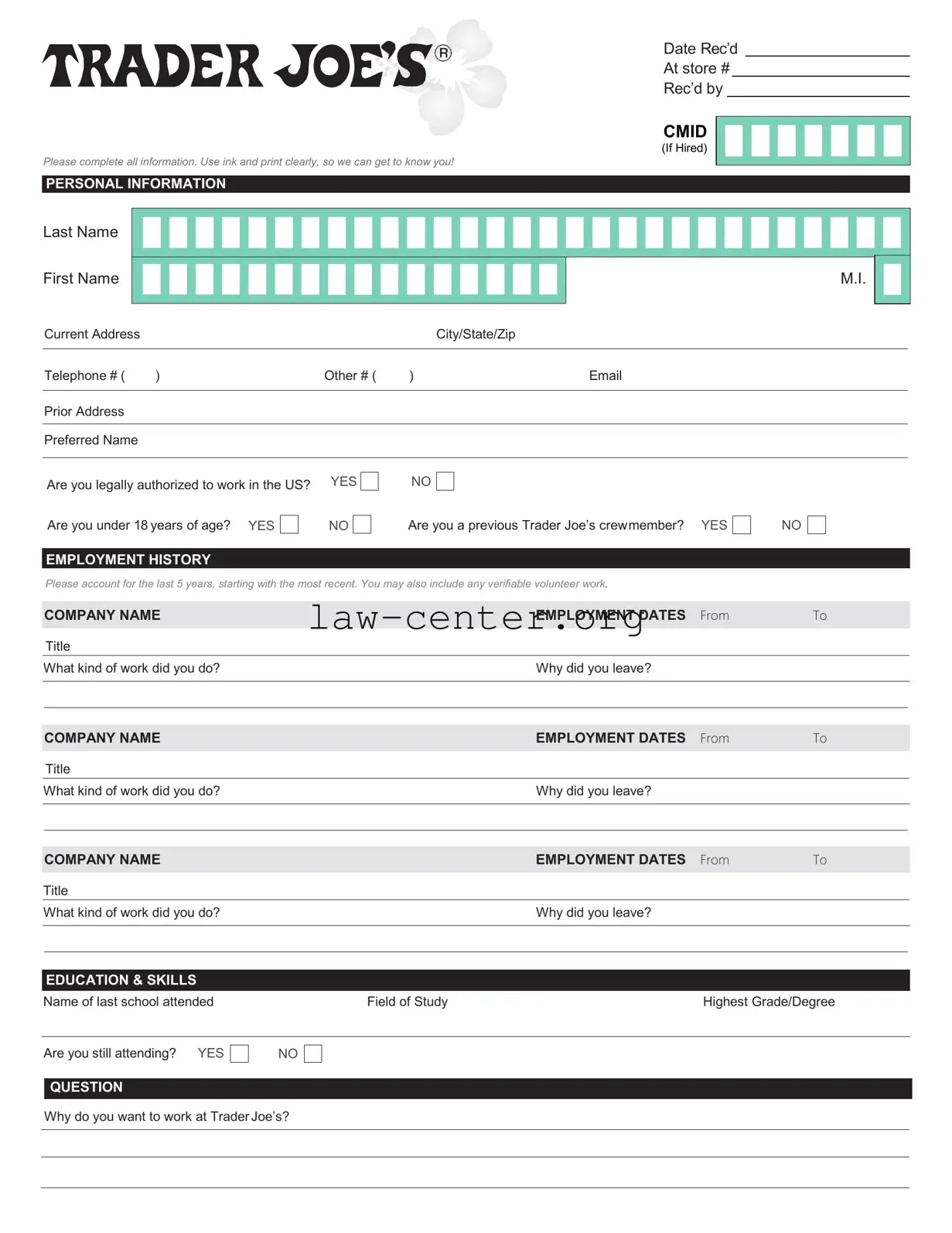 Get Trader Joe's application Form