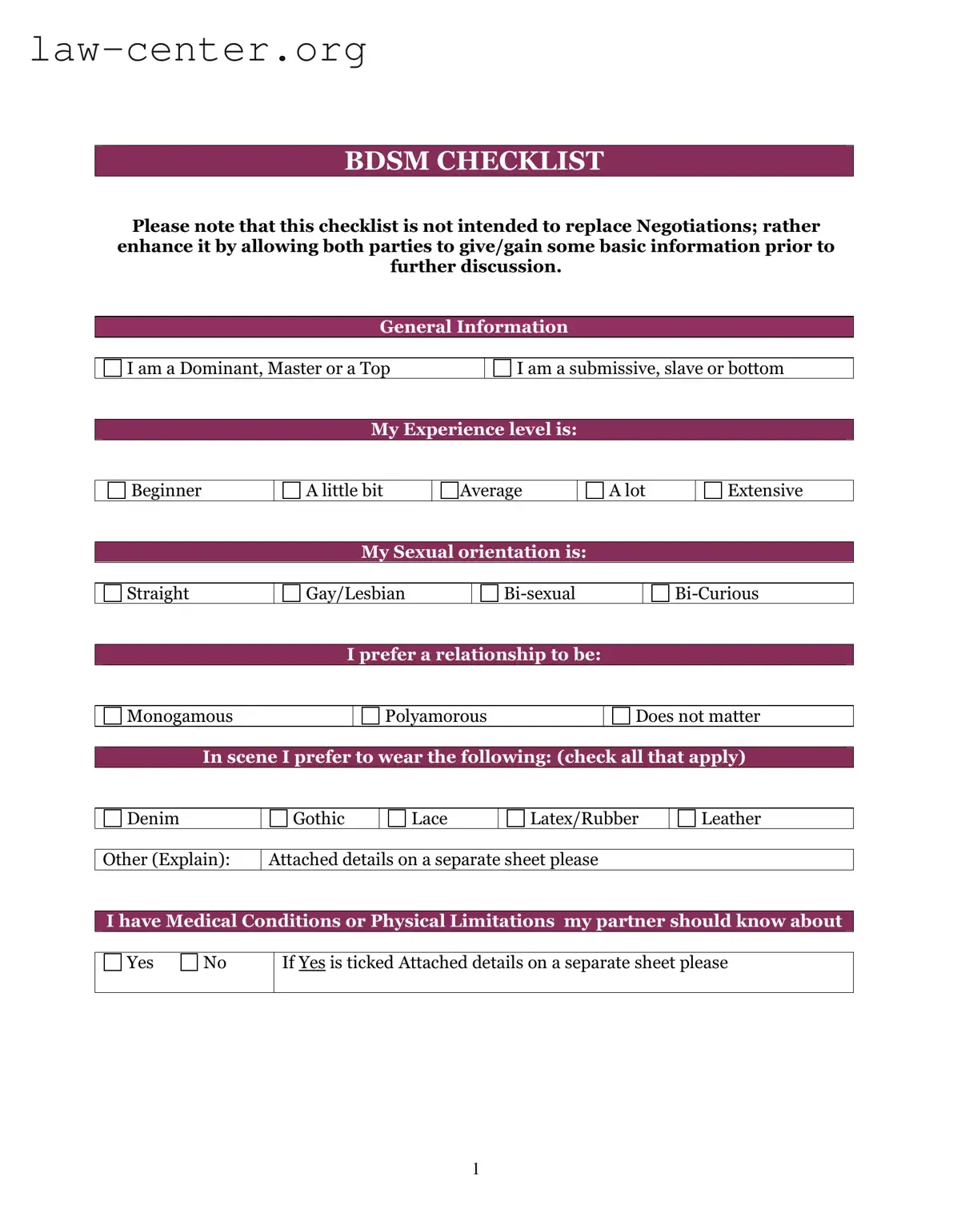 Get Bdsm Checklist Form