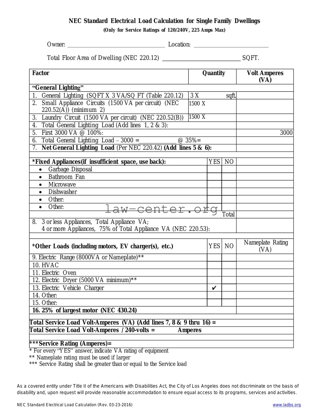 Get LADBS NEC Standard Electrical Load Calculation Form