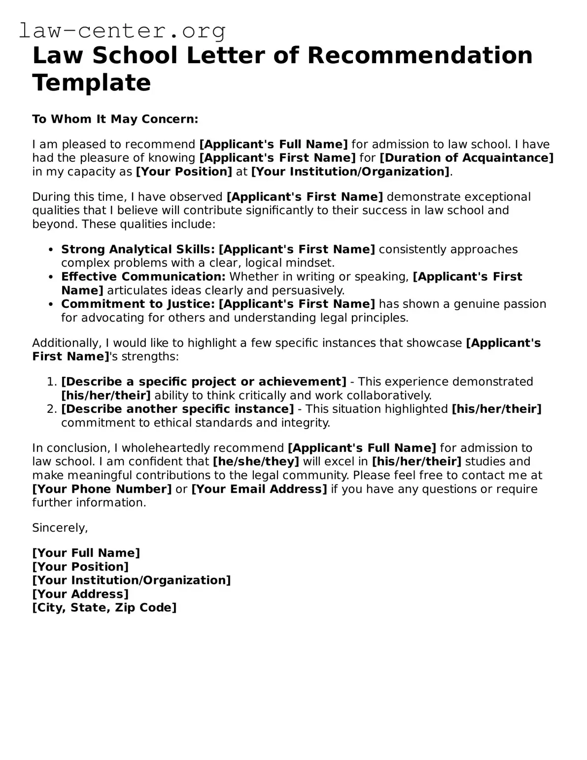 Free Law School Letter of Recommendation Template