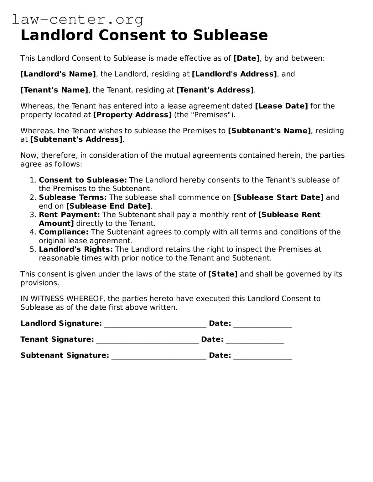 Free Landlord Consent to Sublease Template