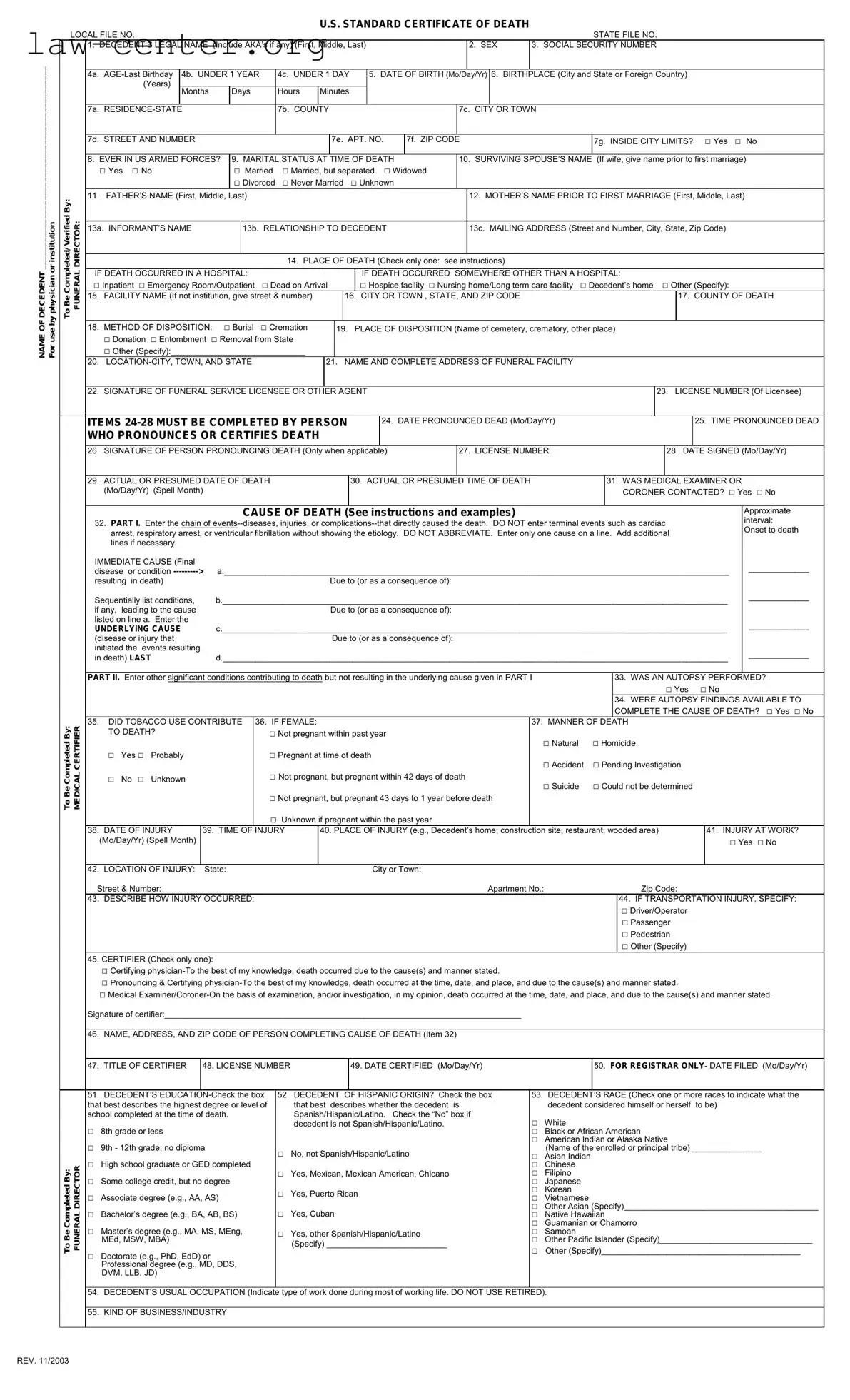 Get CDC U.S. Standard Certificate of Death Form