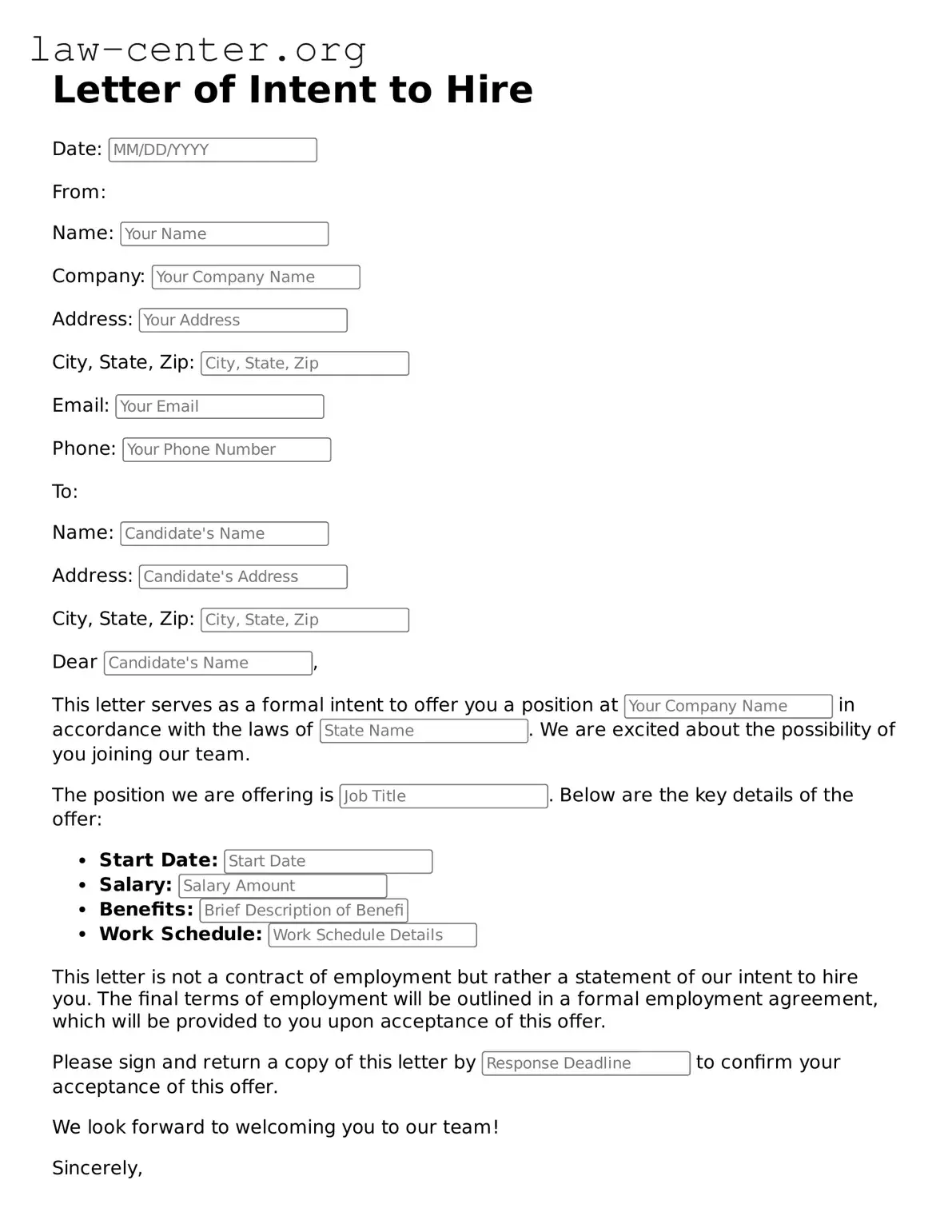 Free Letter of Intent to Hire Template