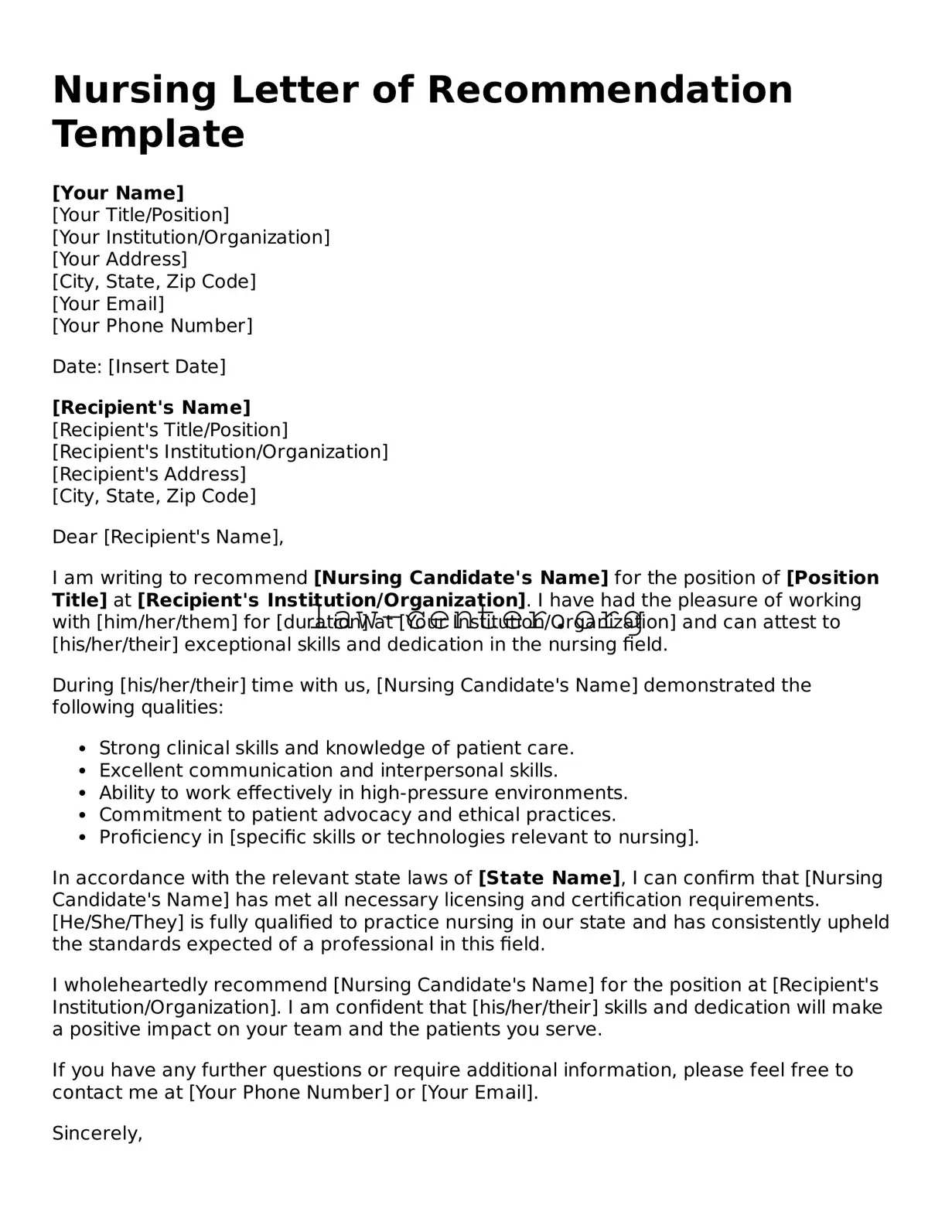 Free Nursing Letter of Recommendation Template