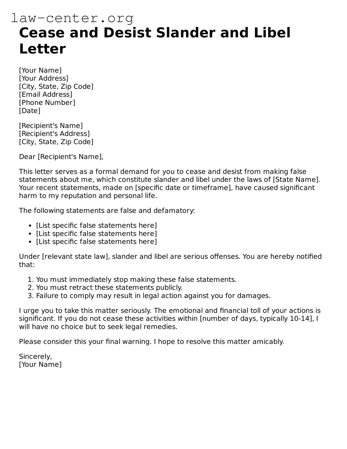 Free Cease and Desist Slander and Libel Letter Template