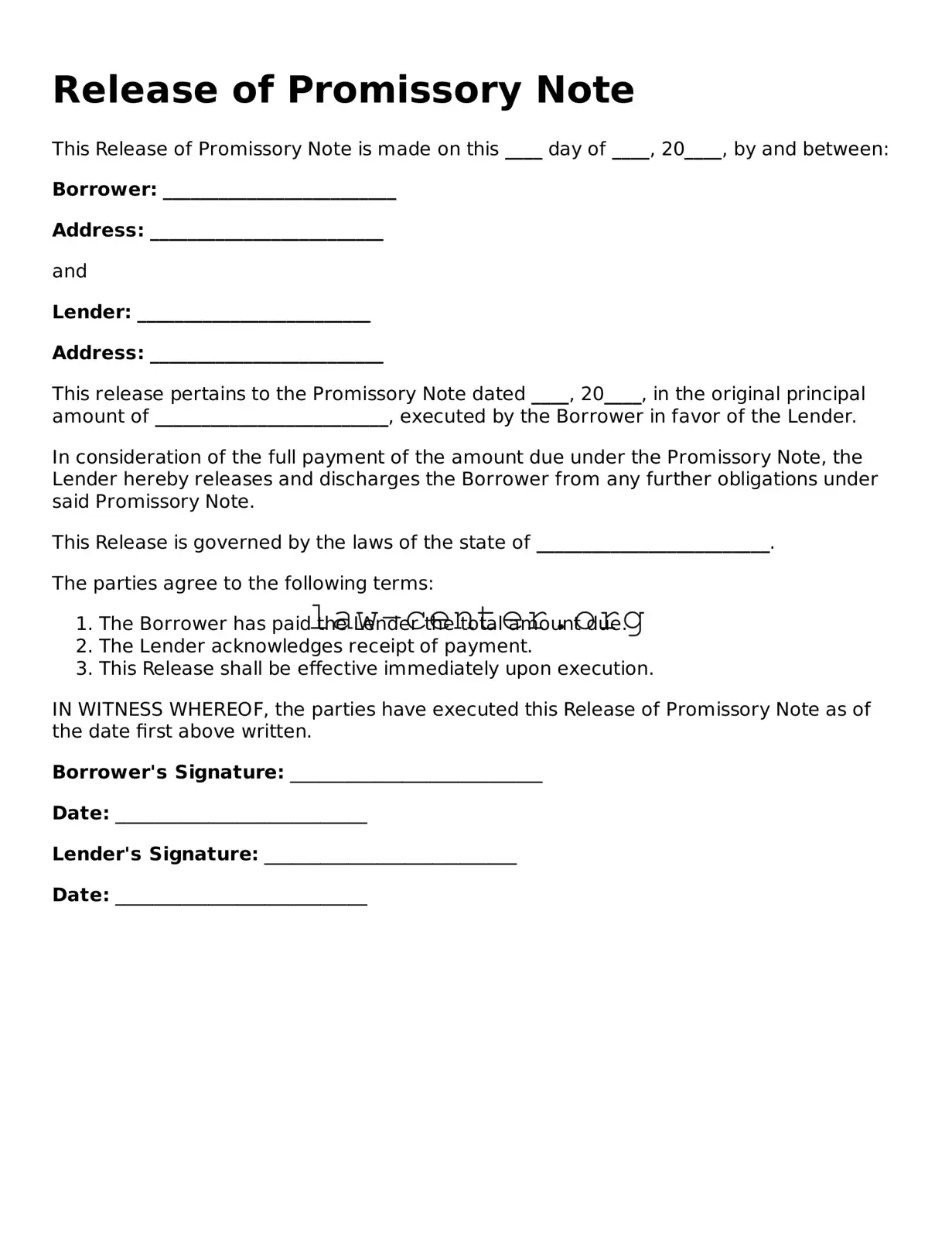Free Release of Promissory Note Template
