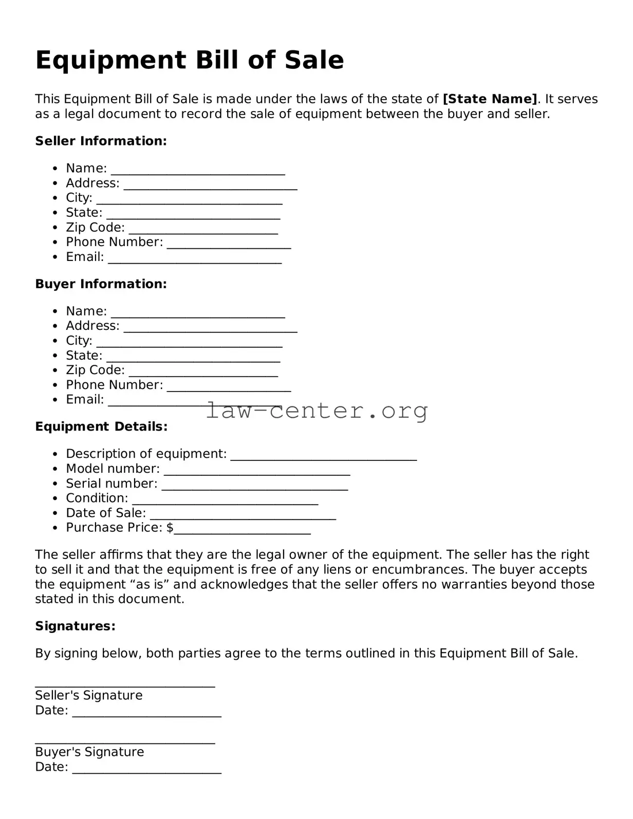 Free Equipment Bill of Sale Template