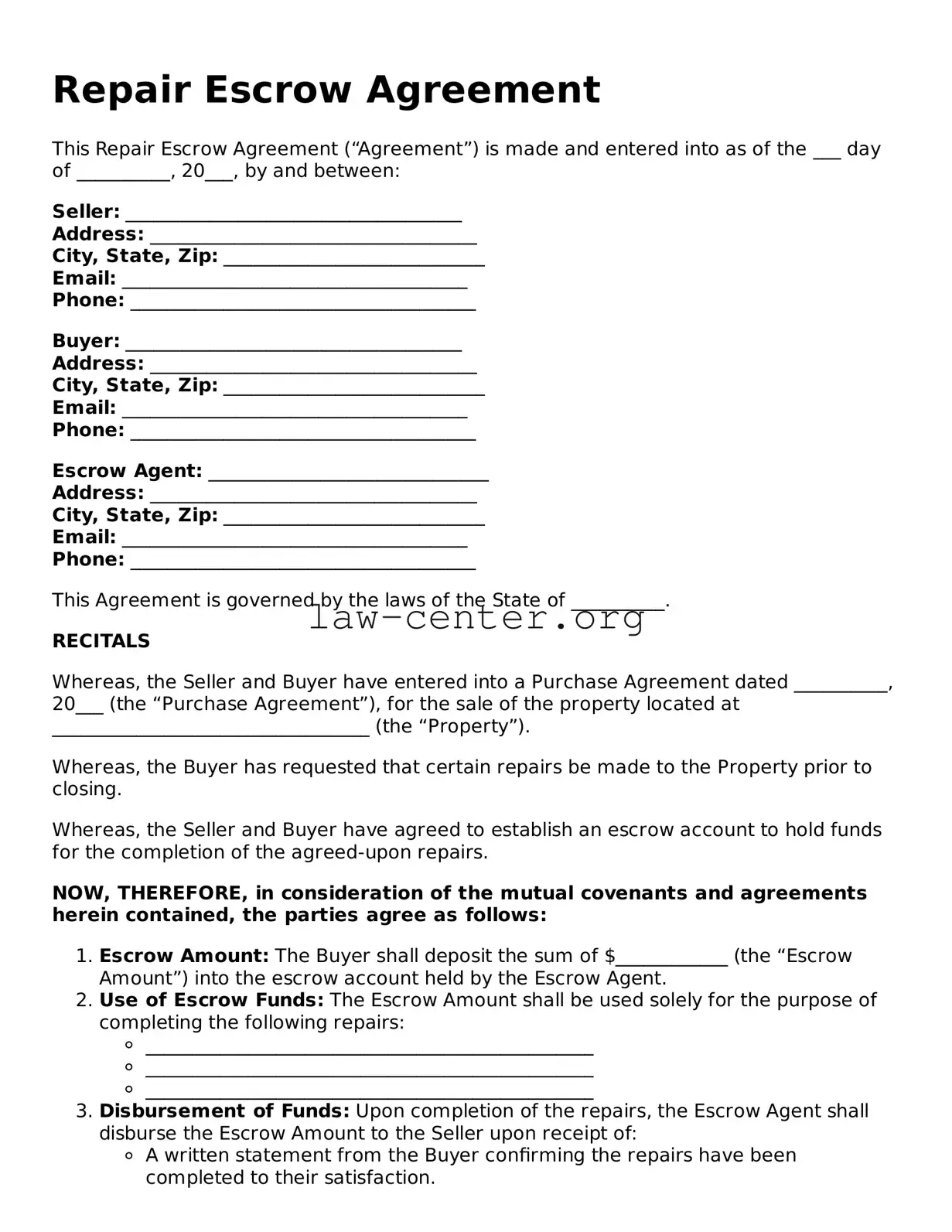 Free Repair Escrow Agreement Template