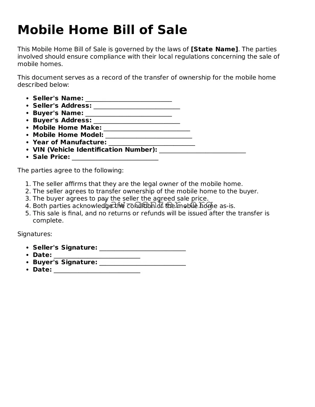 Free Mobile Home Bill of Sale Template