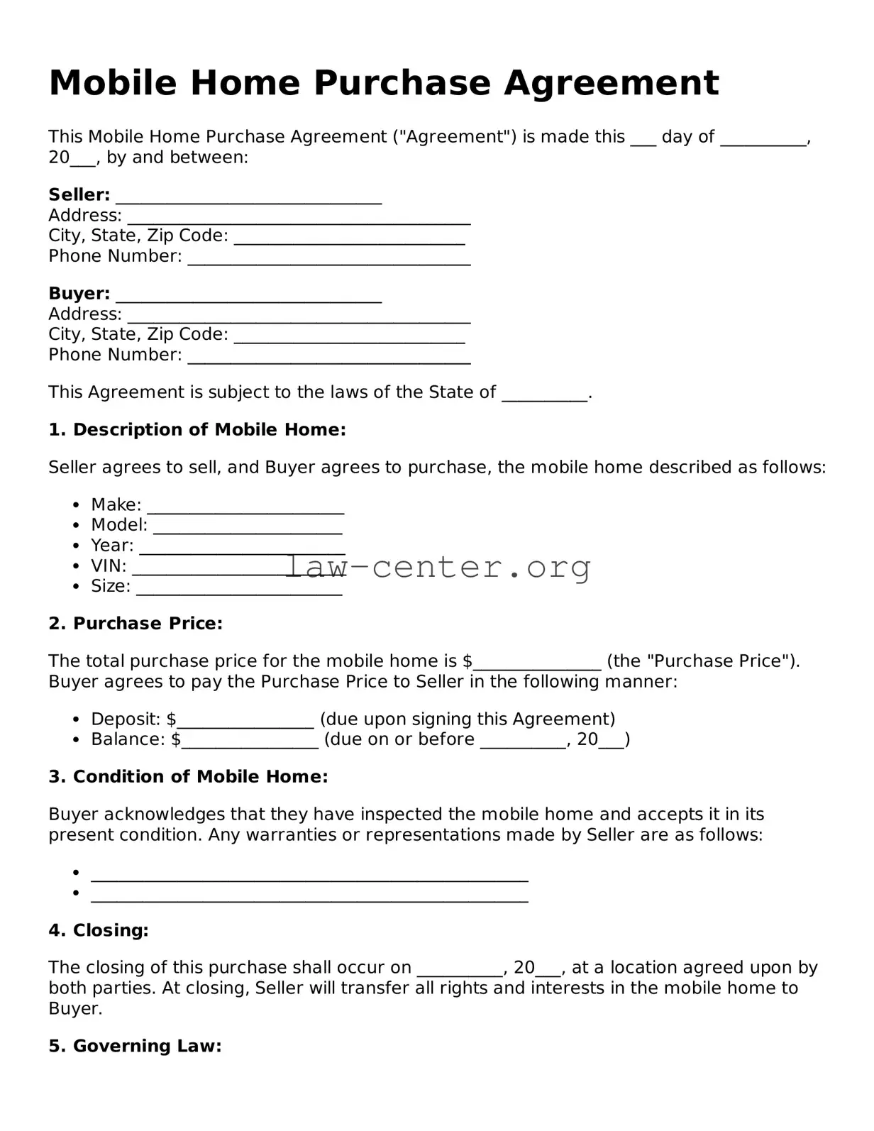Free Mobile Home Purchase Agreement Template