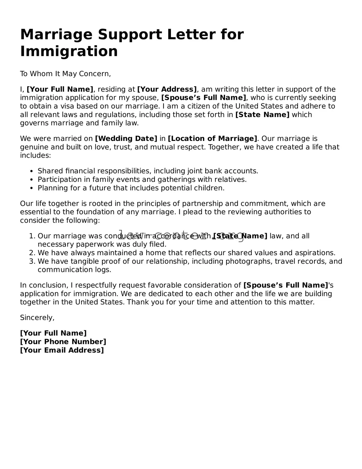 Free Marriage Support Letter for Immigration Template