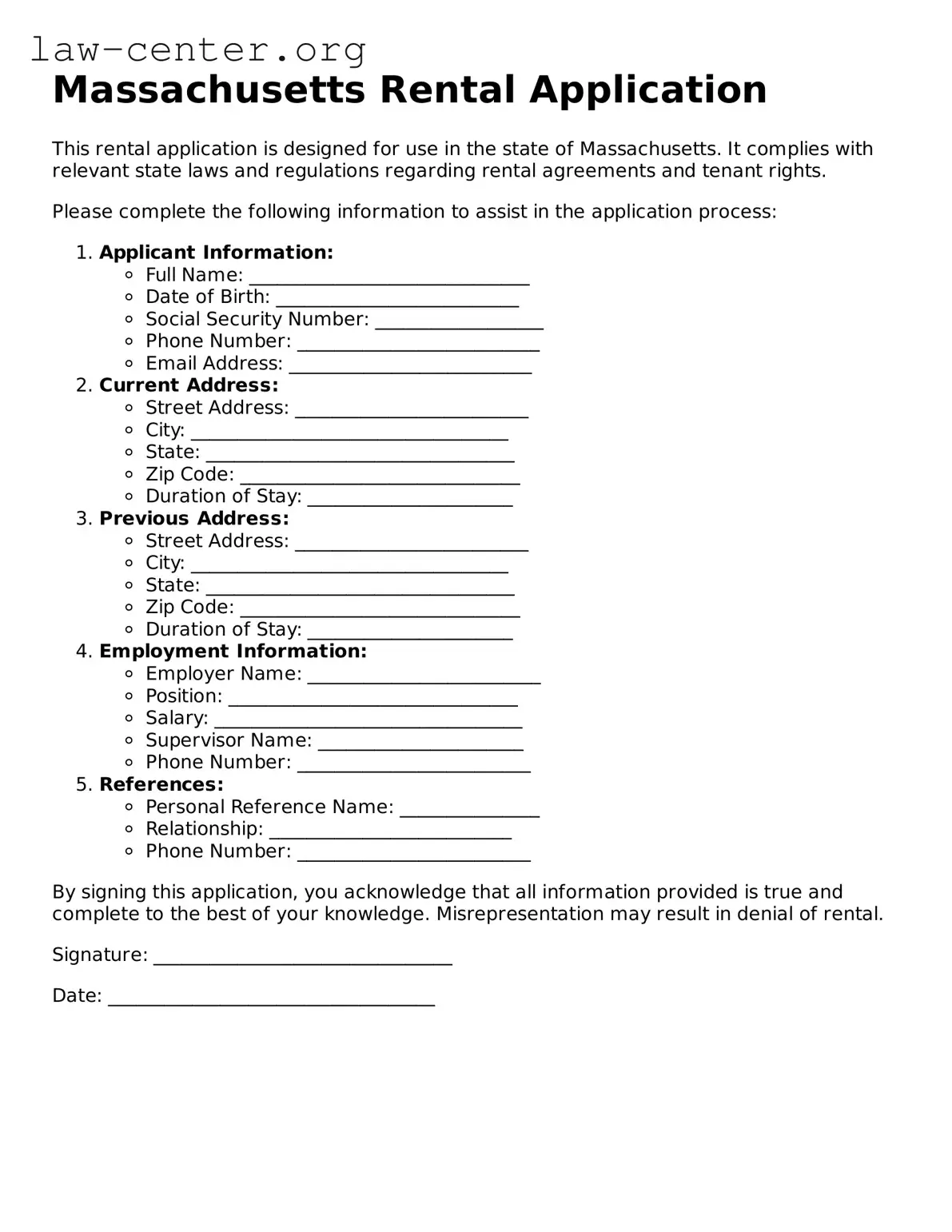 Attorney-Approved Massachusetts Rental Application Document