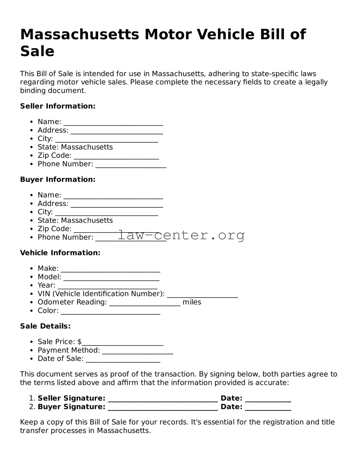 Attorney-Approved Massachusetts Motor Vehicle Bill of Sale Document