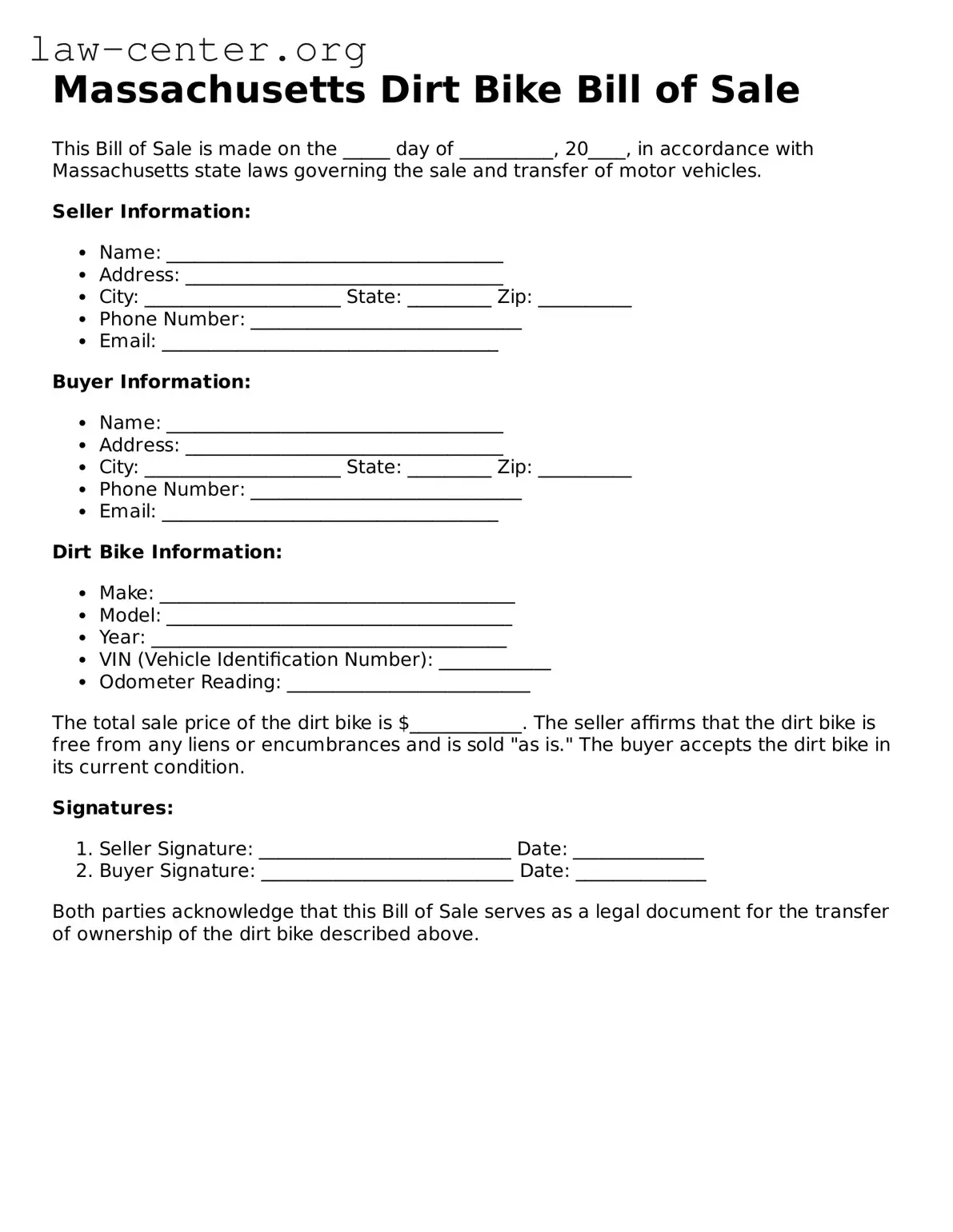Attorney-Approved Massachusetts Dirt Bike Bill of Sale Document