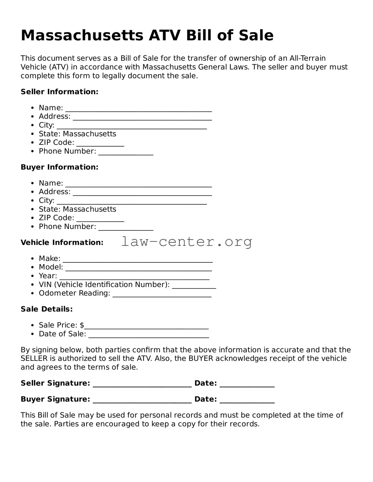 Attorney-Approved Massachusetts ATV Bill of Sale Document