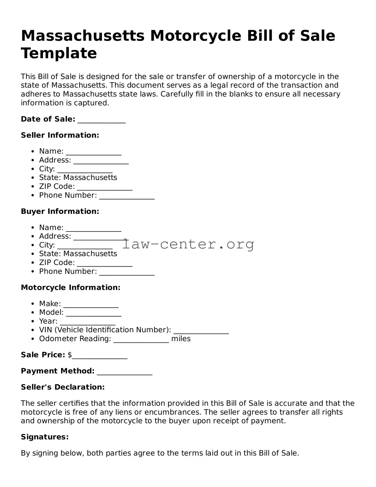 Attorney-Approved Massachusetts Motorcycle Bill of Sale Document