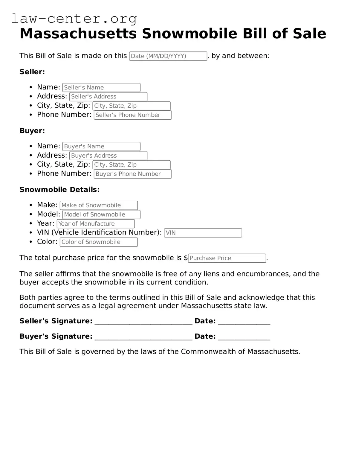 Attorney-Approved Massachusetts Snowmobile Bill of Sale Document