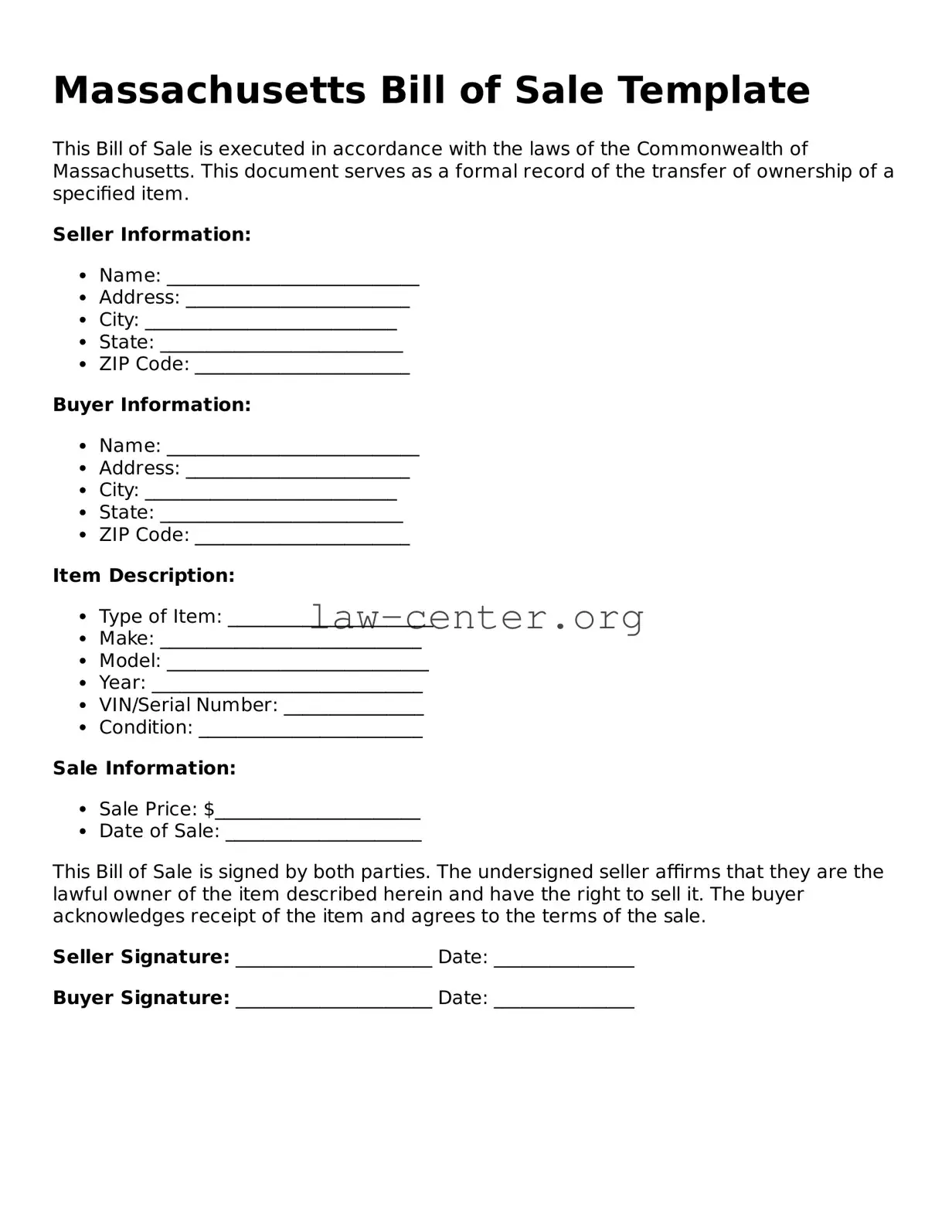 Attorney-Approved Massachusetts Bill of Sale Document