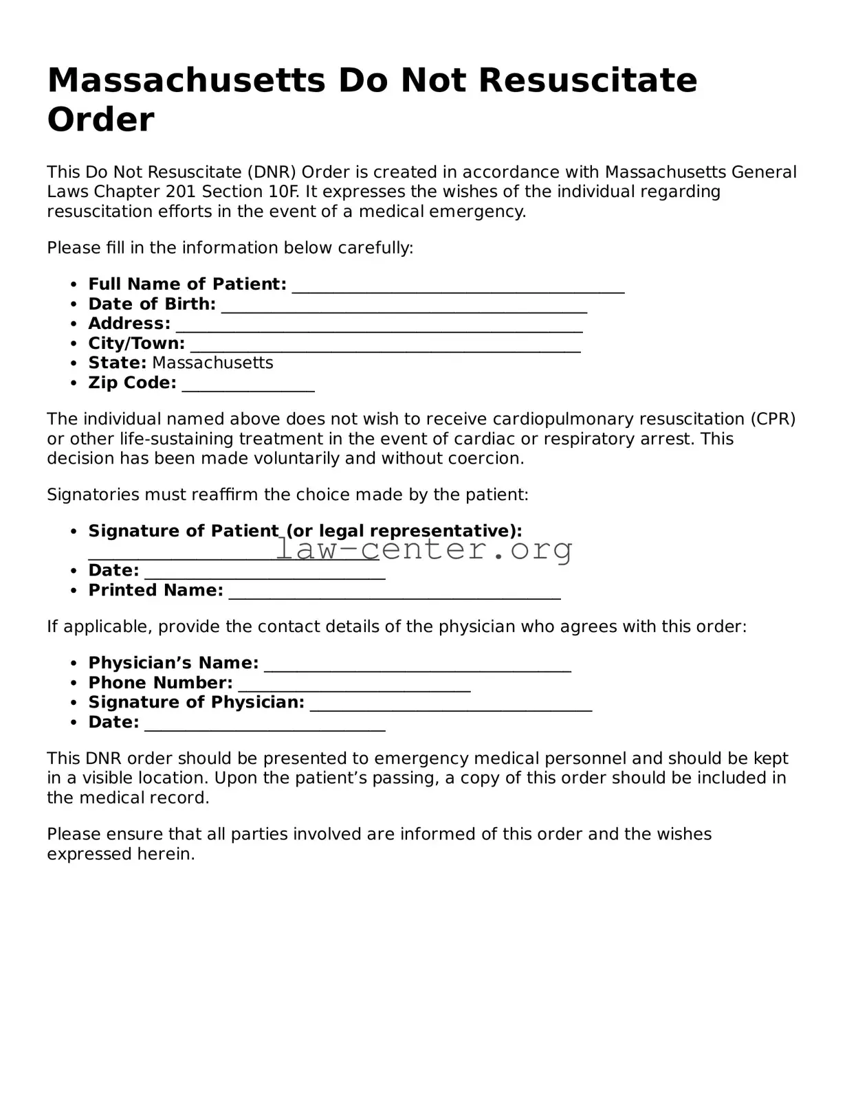 Attorney-Approved Massachusetts Do Not Resuscitate Order Document