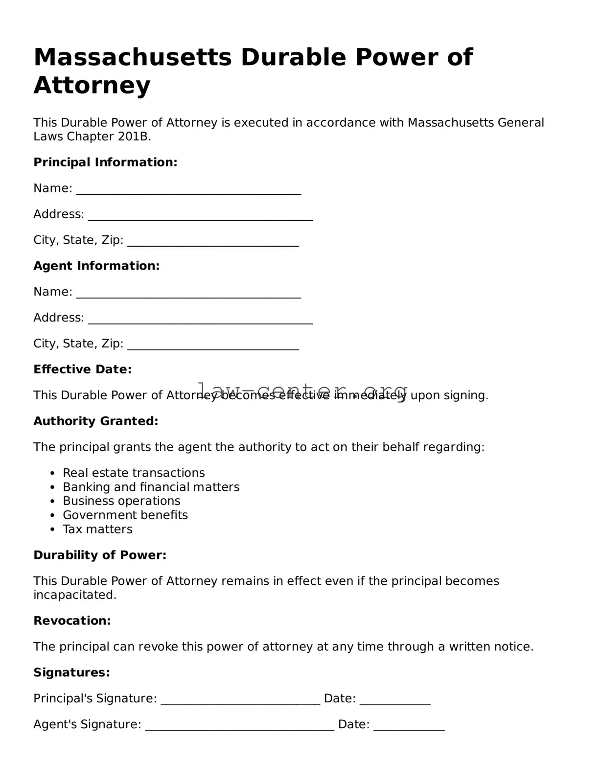 Attorney-Approved Massachusetts Durable Power of Attorney Document