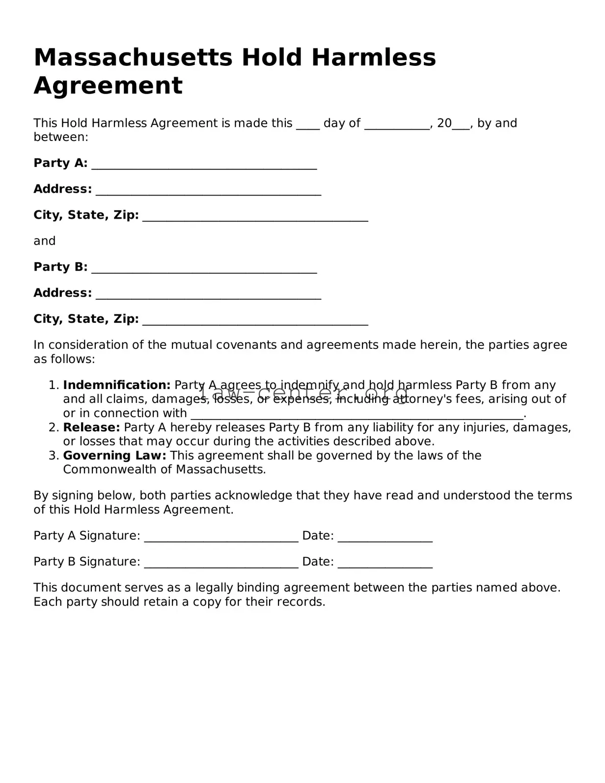 Attorney-Approved Massachusetts Hold Harmless Agreement Document