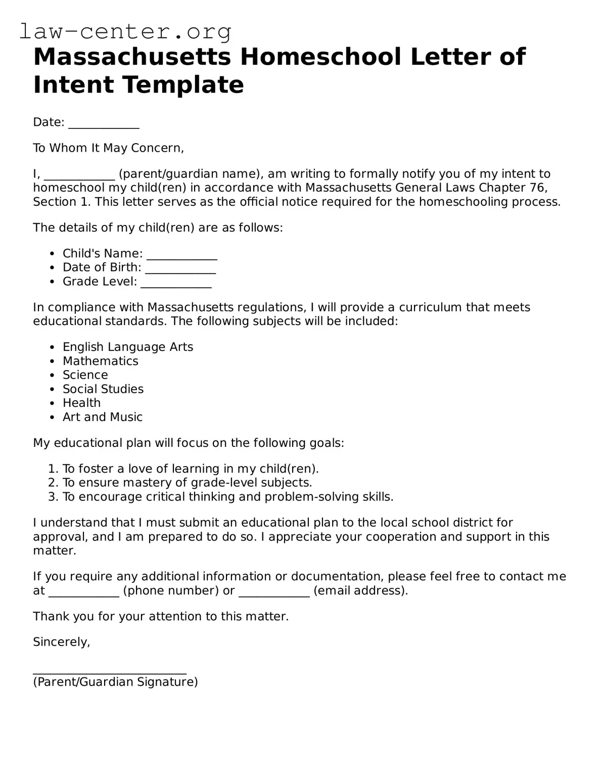 Attorney-Approved Massachusetts Homeschool Letter of Intent Document