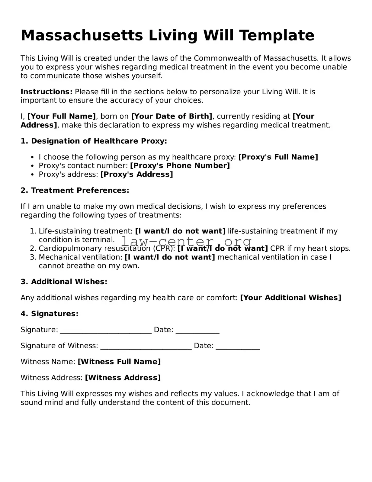 Attorney-Approved Massachusetts Living Will Document