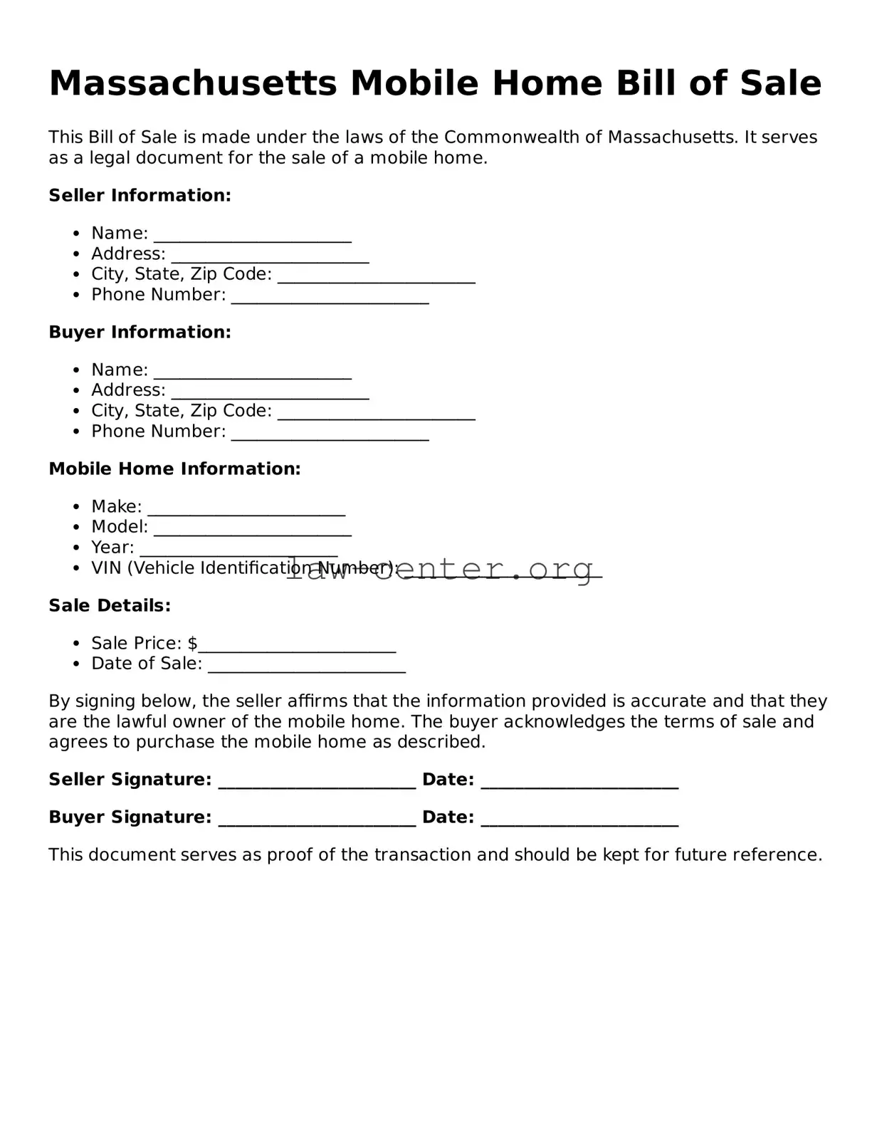 Attorney-Approved Massachusetts Mobile Home Bill of Sale Document