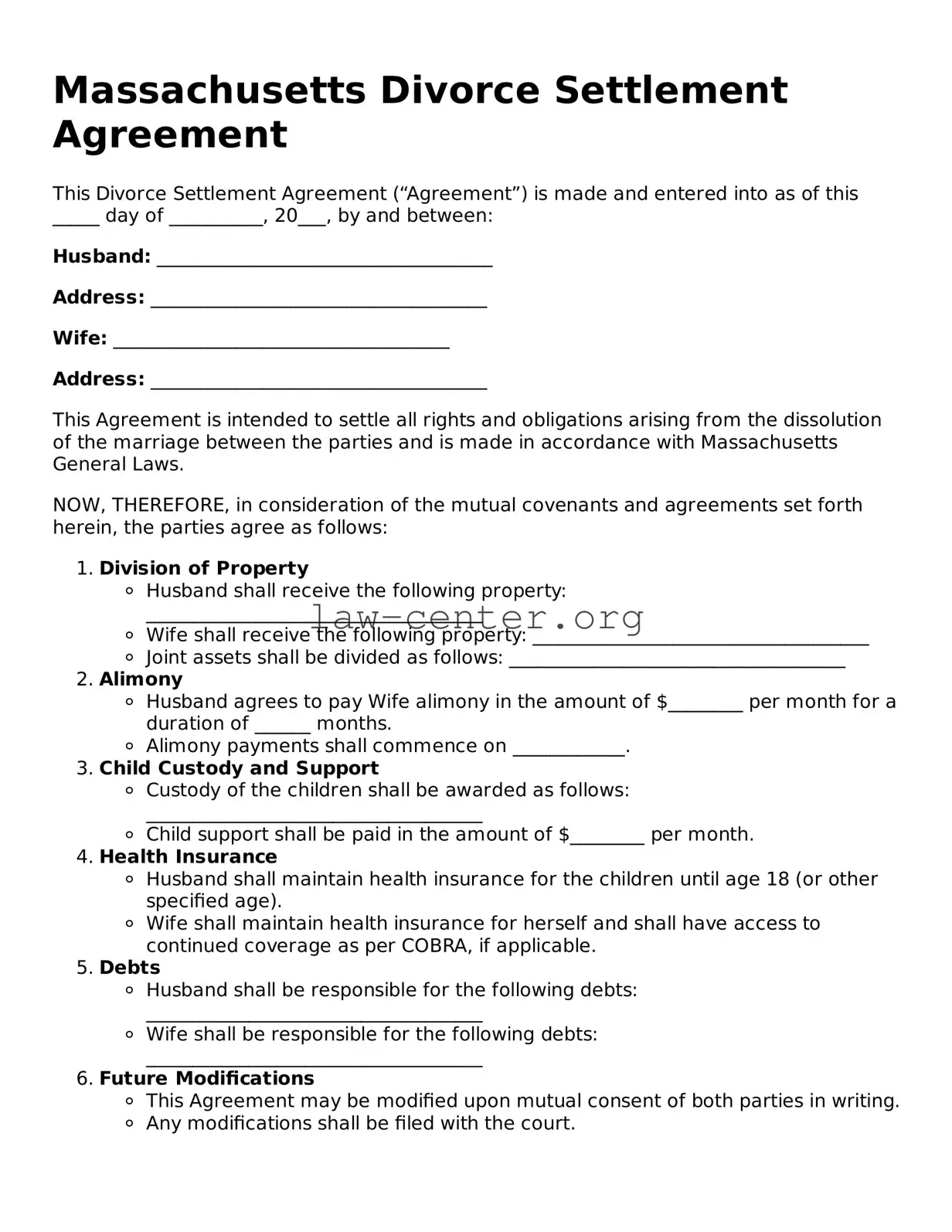 Attorney-Approved Massachusetts Divorce Settlement Agreement Document