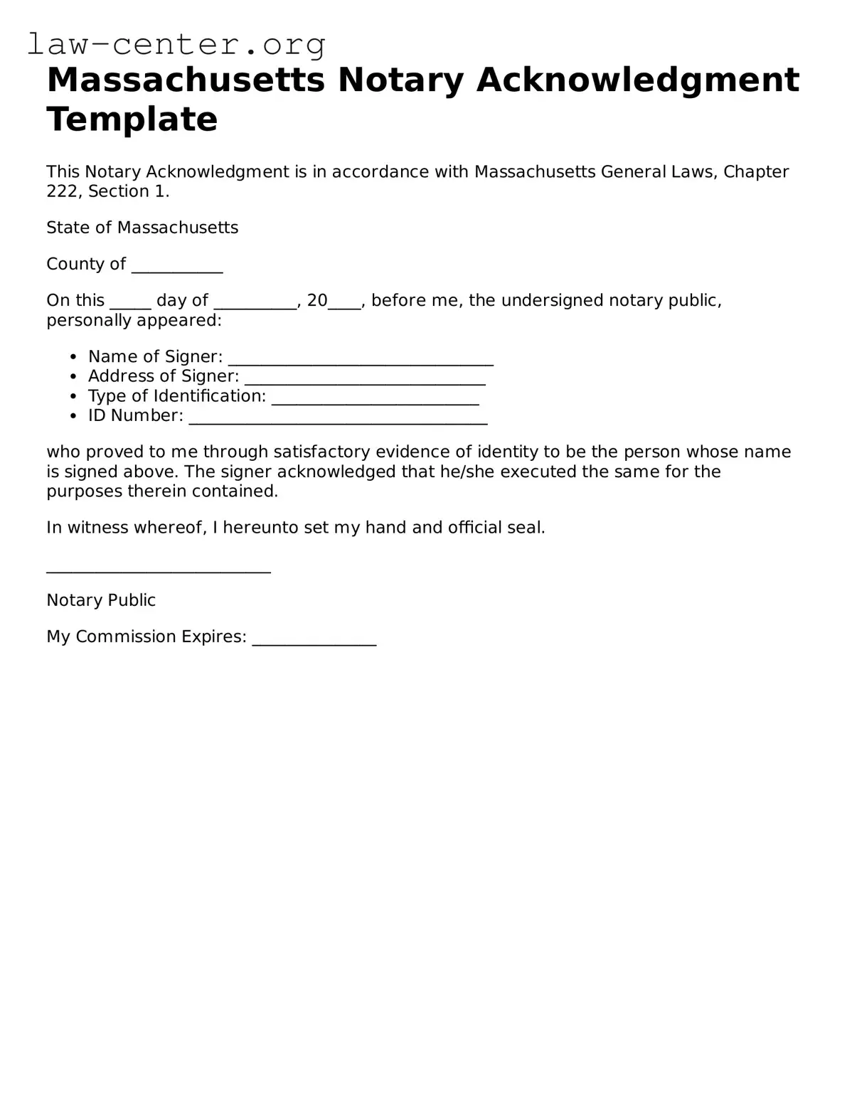 Attorney-Approved Massachusetts Notary Acknowledgement Document
