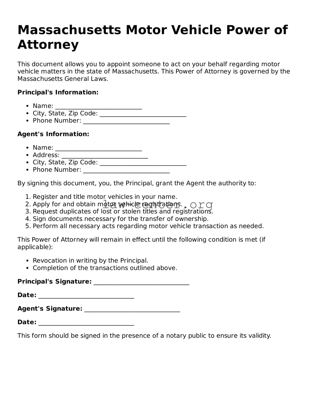 Attorney-Approved Massachusetts Motor Vehicle Power of Attorney Document