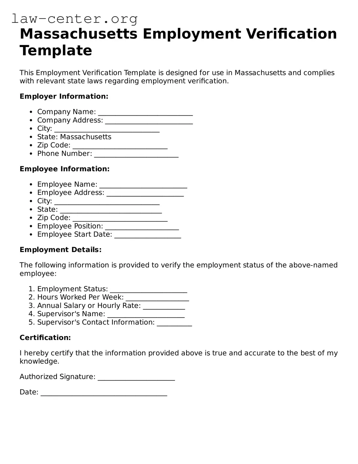Attorney-Approved Massachusetts Employment Verification Document