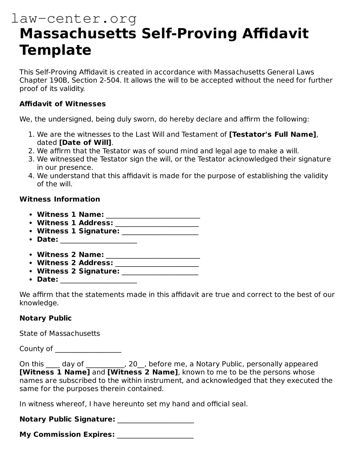 Attorney-Approved Massachusetts Self-Proving Affidavit Document