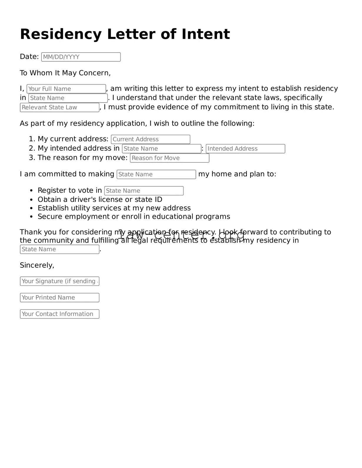 Free Residency Letter of Intent Template