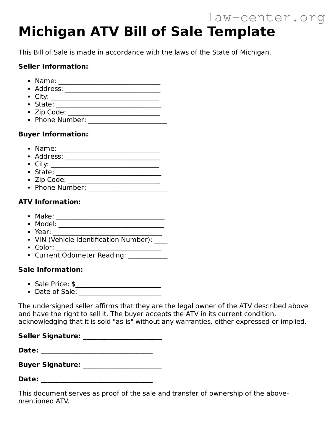 Attorney-Approved Michigan ATV Bill of Sale Document