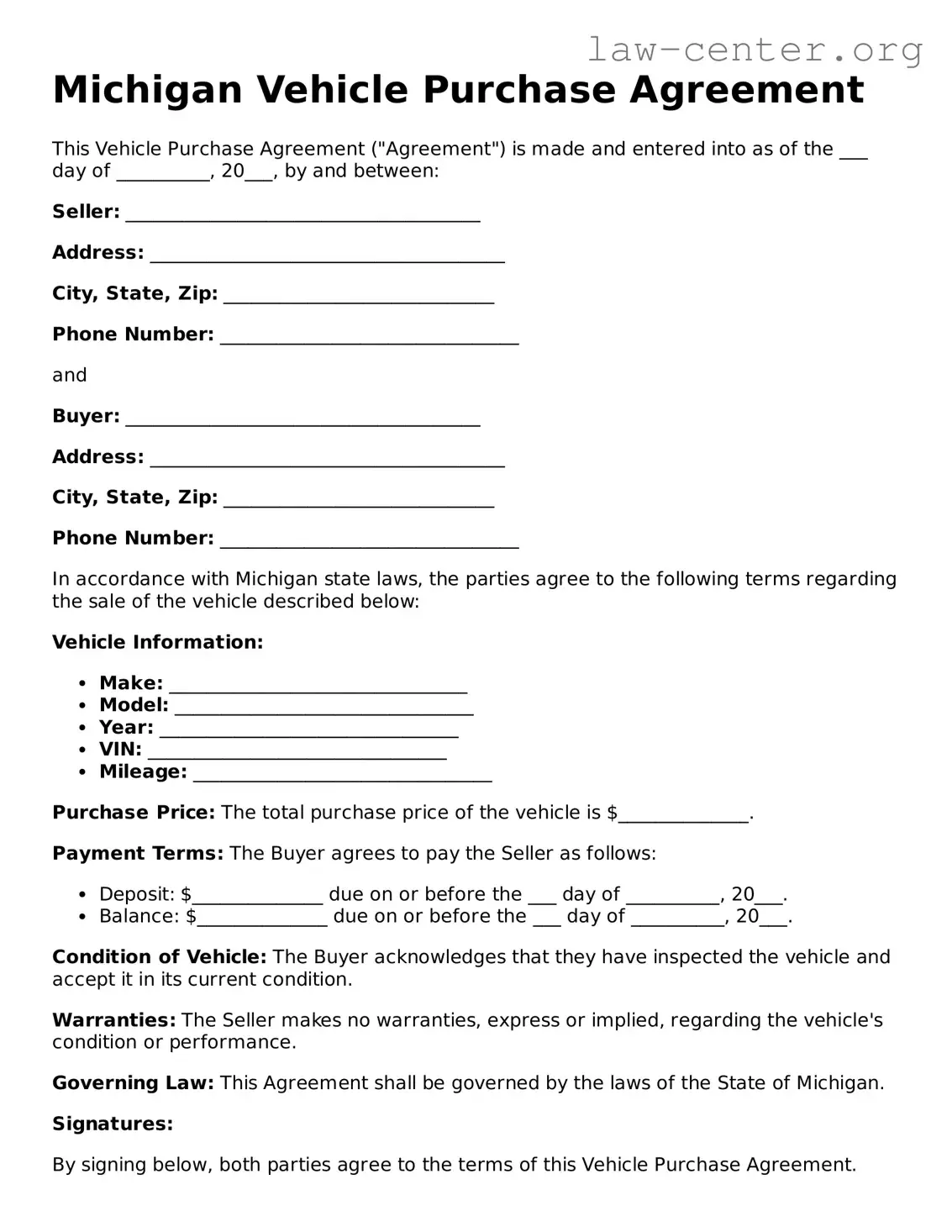 Attorney-Approved Michigan Vehicle Purchase Agreement Document
