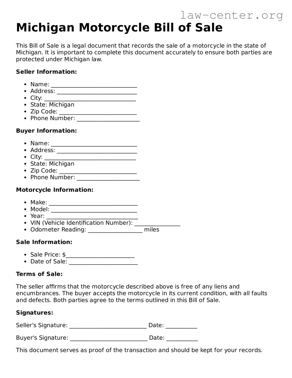 Attorney-Approved Michigan Motorcycle Bill of Sale Document