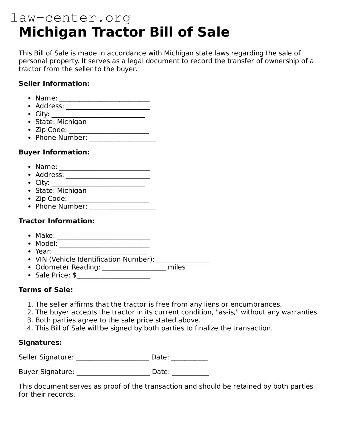 Attorney-Approved Michigan Tractor Bill of Sale Document