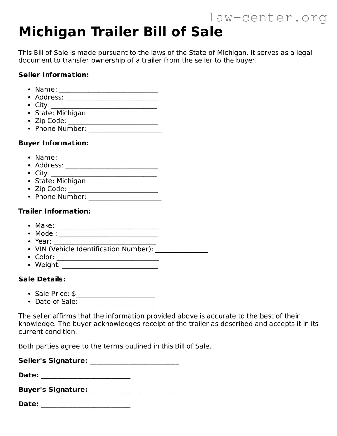 Attorney-Approved Michigan Trailer Bill of Sale Document