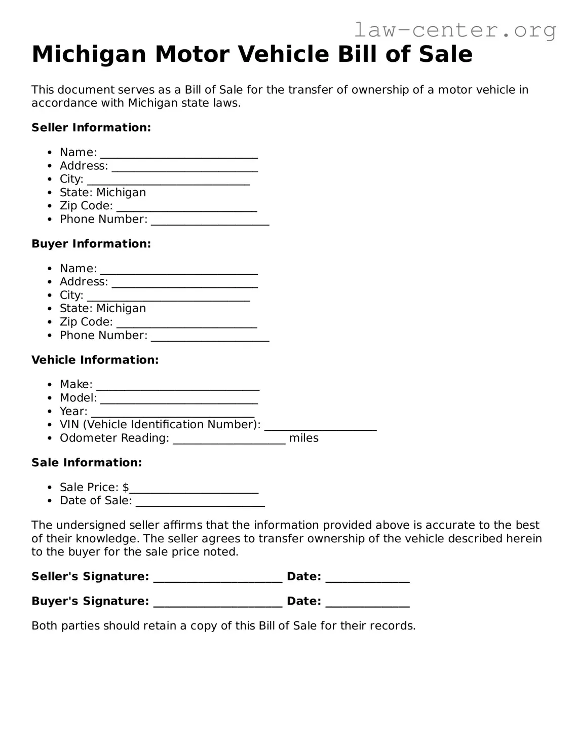 Attorney-Approved Michigan Motor Vehicle Bill of Sale Document
