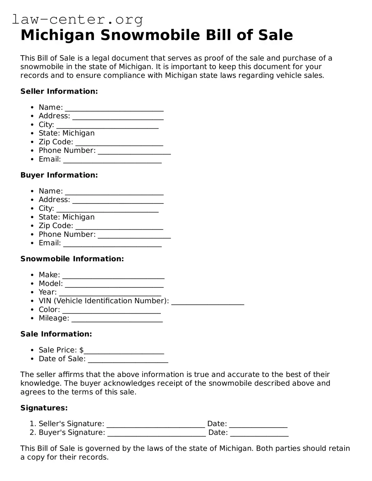 Attorney-Approved Michigan Snowmobile Bill of Sale Document