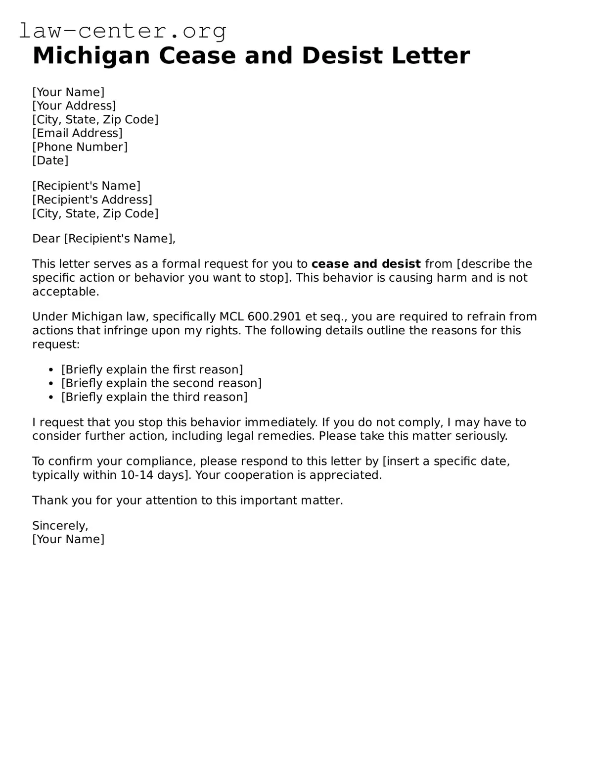 Attorney-Approved Michigan Cease and Desist Letter Document