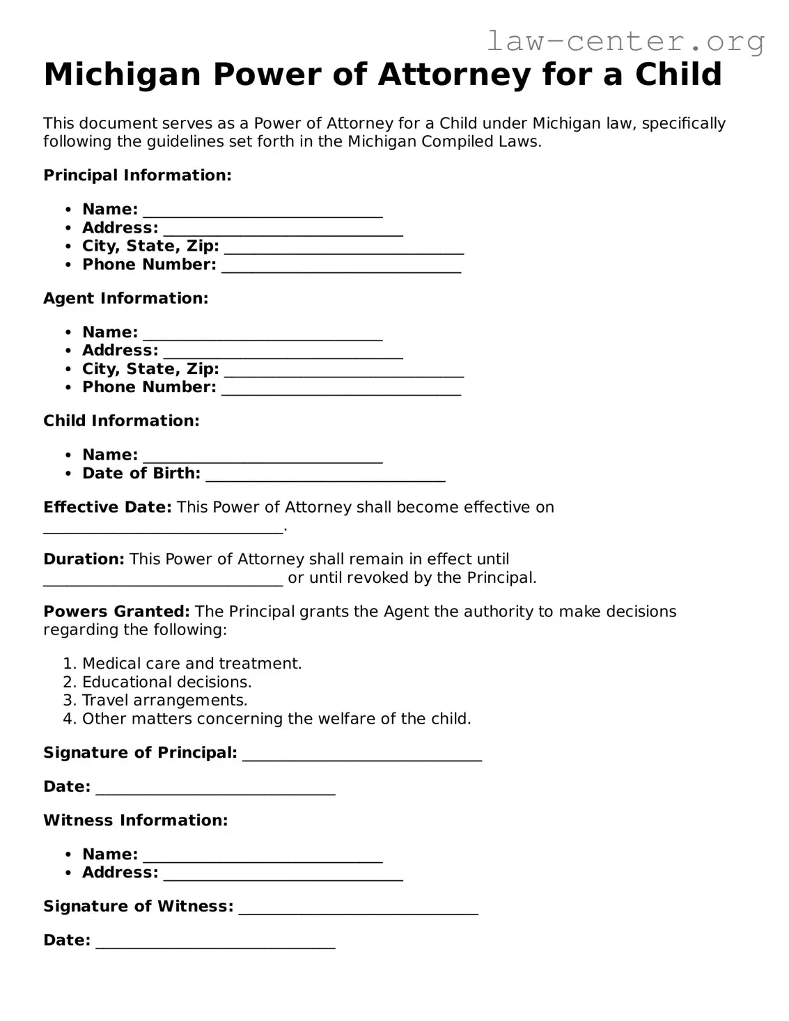 Attorney-Approved Michigan Power of Attorney for a Child Document