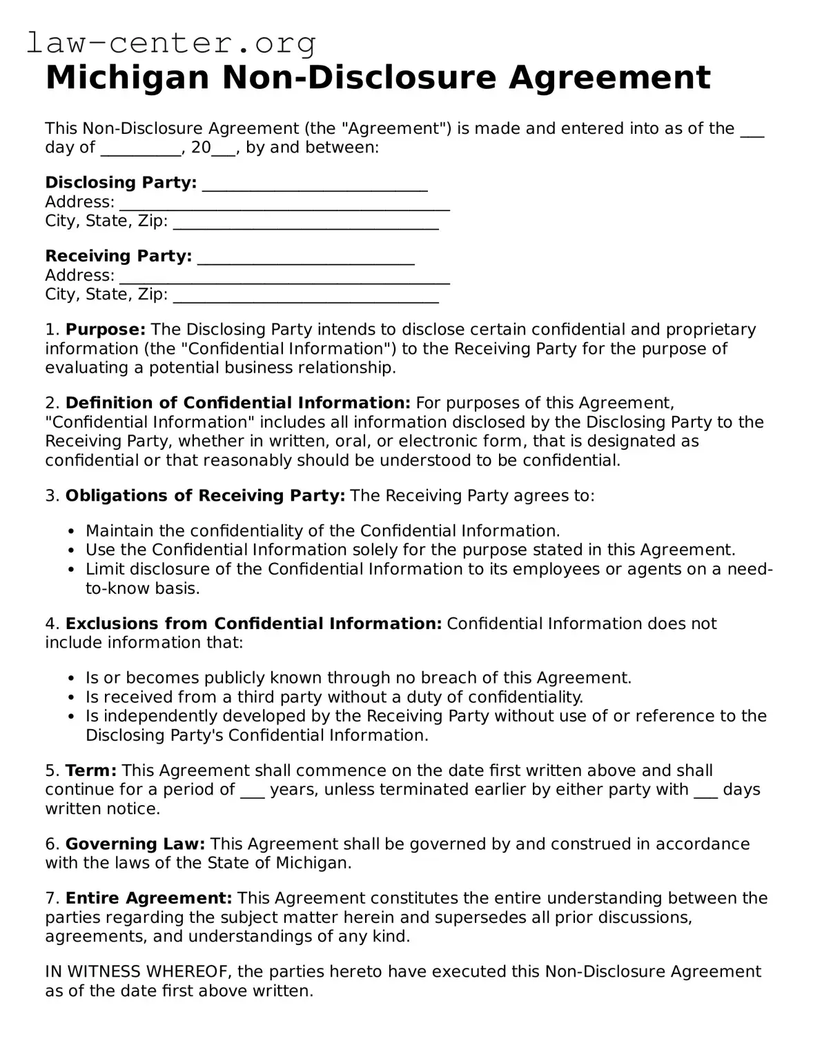 Attorney-Approved Michigan Non-disclosure Agreement Document