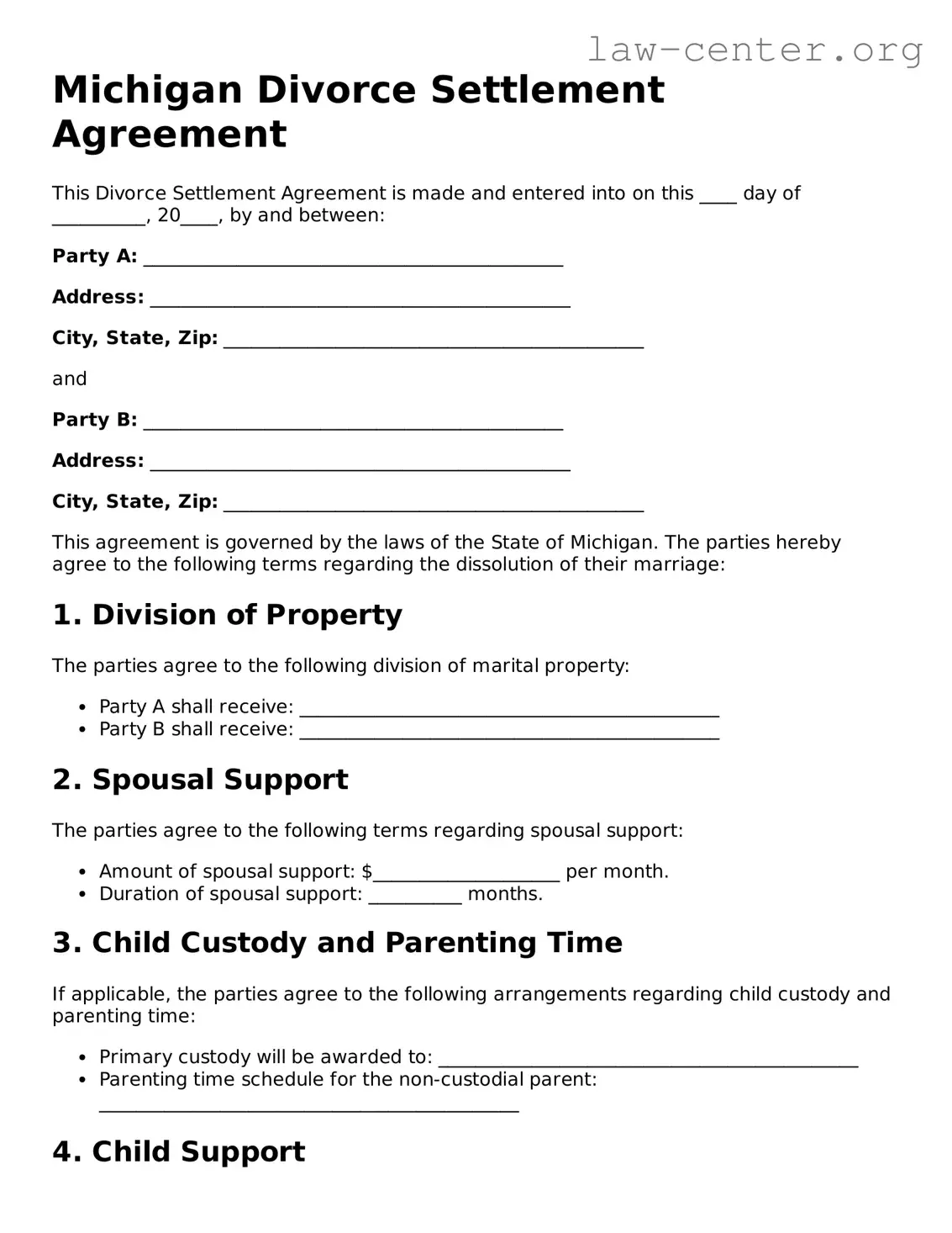 Attorney-Approved Michigan Divorce Settlement Agreement Document