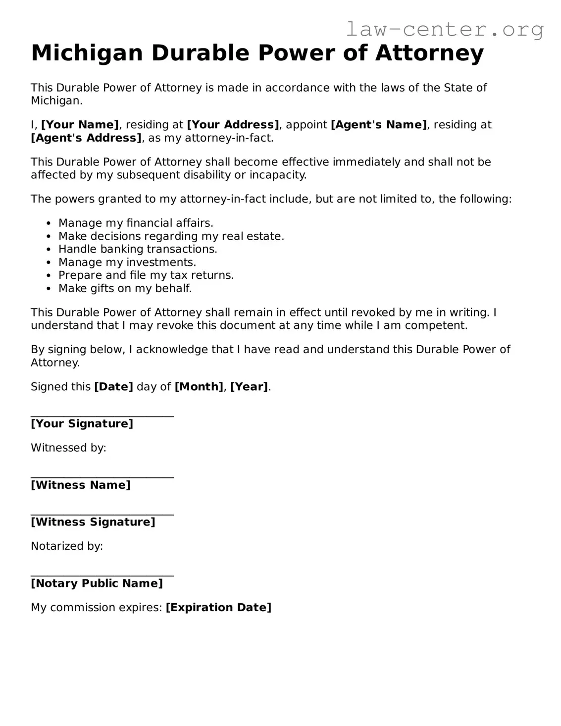 Attorney-Approved Michigan Durable Power of Attorney Document