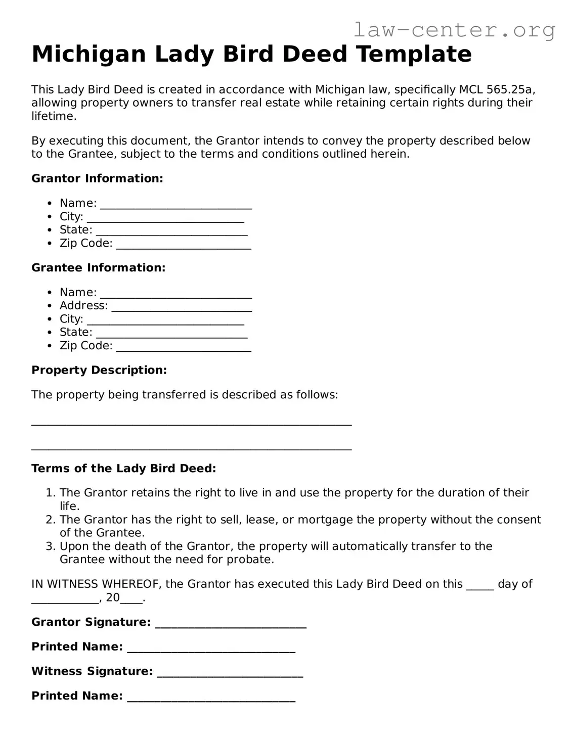 Attorney-Approved Michigan Lady Bird Deed Document