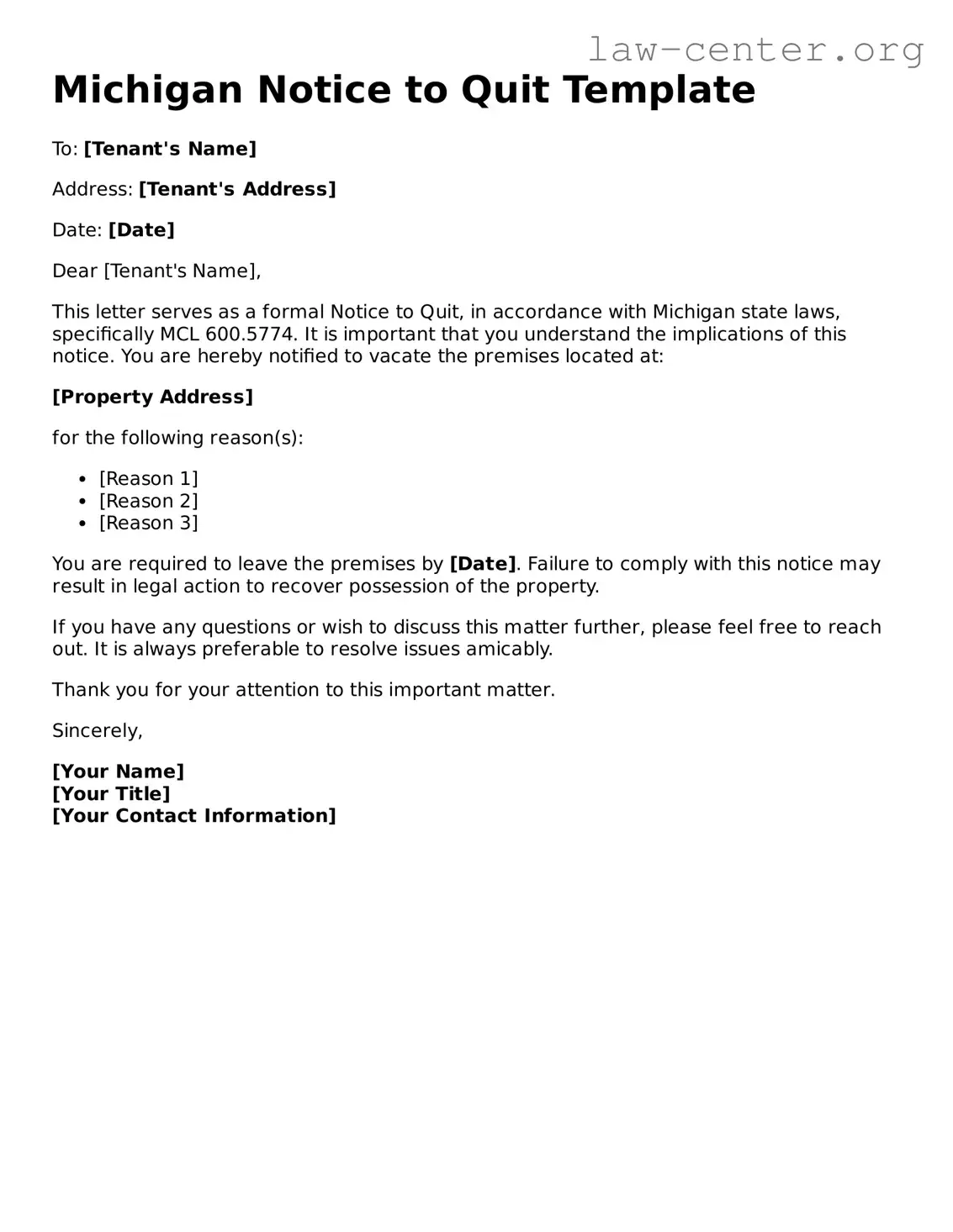 Attorney-Approved Michigan Notice to Quit Document