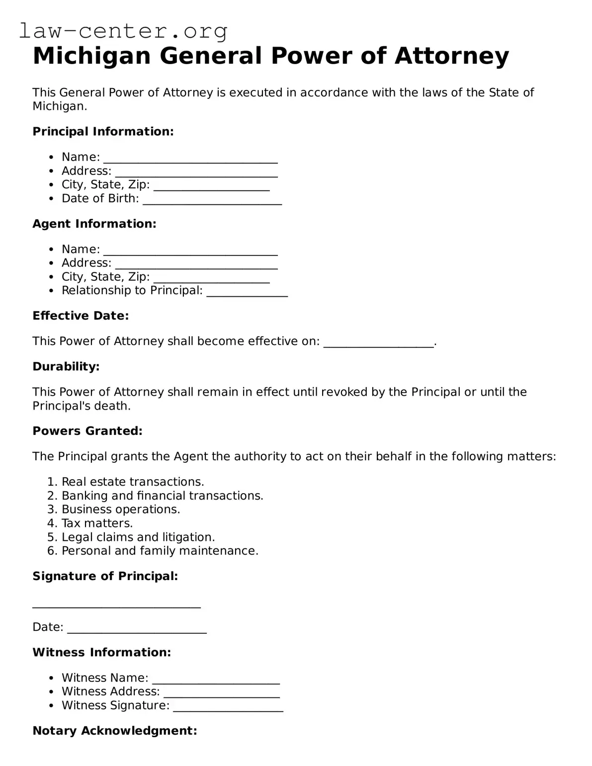 Attorney-Approved Michigan General Power of Attorney Document