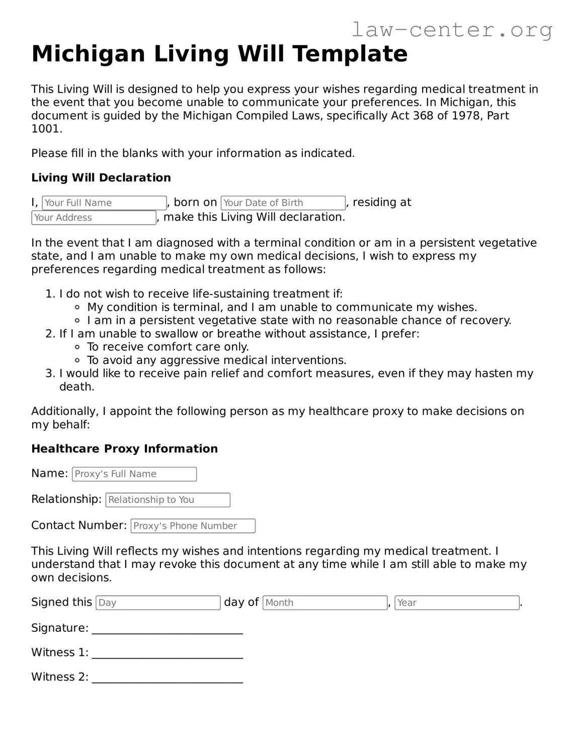 Attorney-Approved Michigan Living Will Document